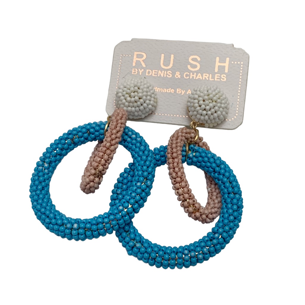 Rush New Beaded Pink, Blue And White Dangling Hoop Earrings
